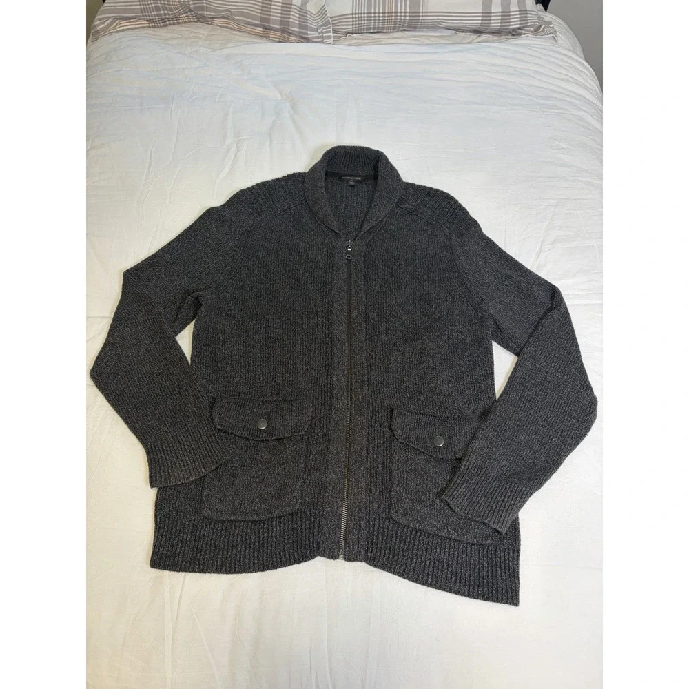 Banana Republic Mens Gray Cotton Blend Zip Cardigan Sweater  XL Academia Preppy